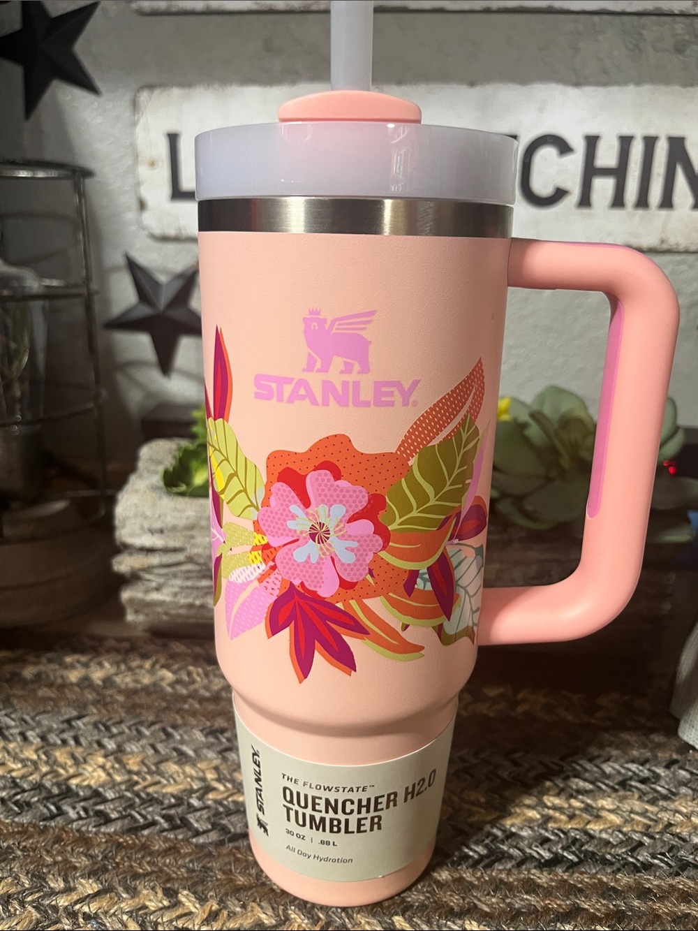 Stanley Pink Floral Travel Tumbler with Handle